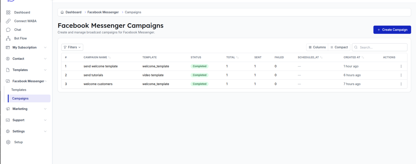 Facebook Messenger Campaigns List