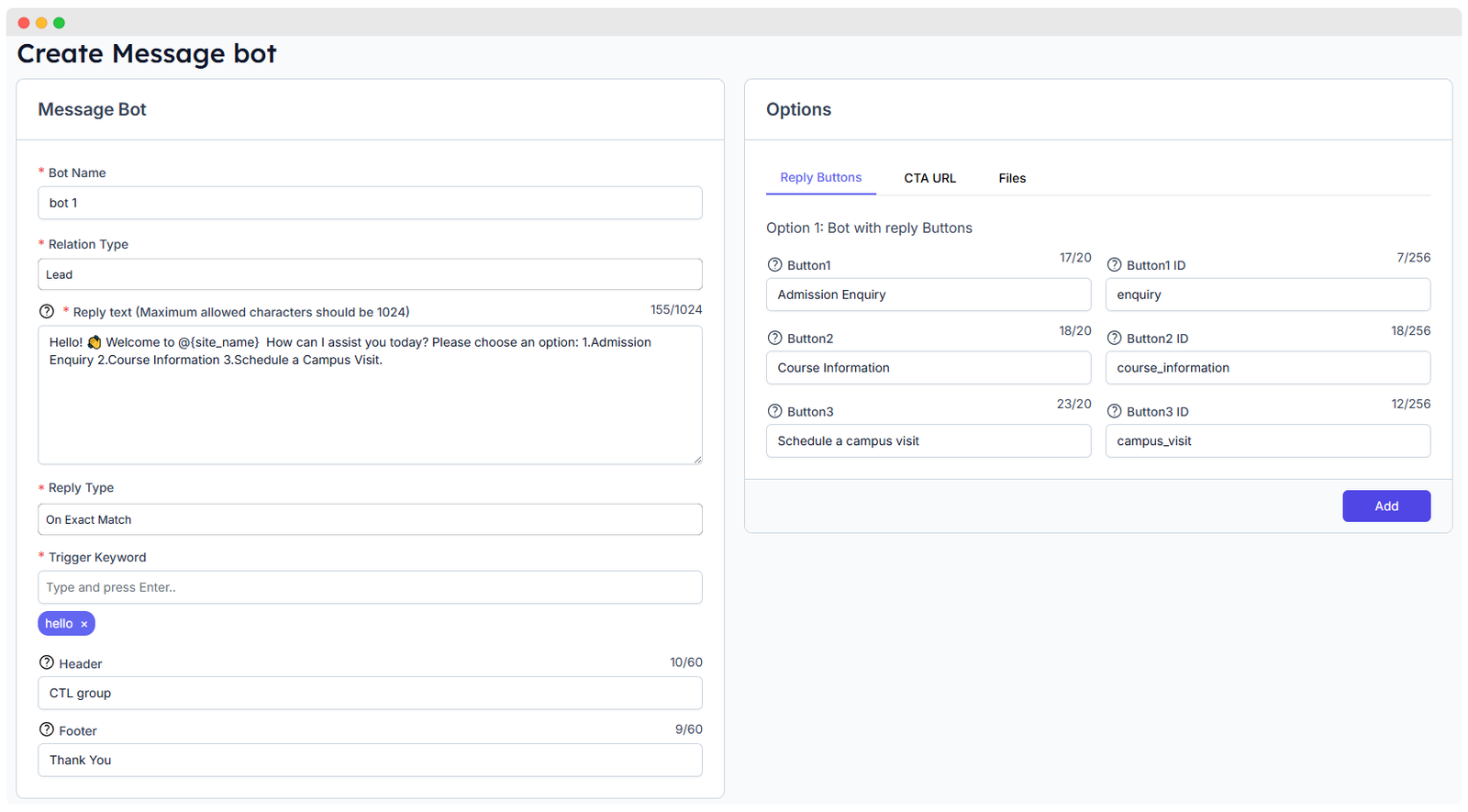 Message Bot creation form