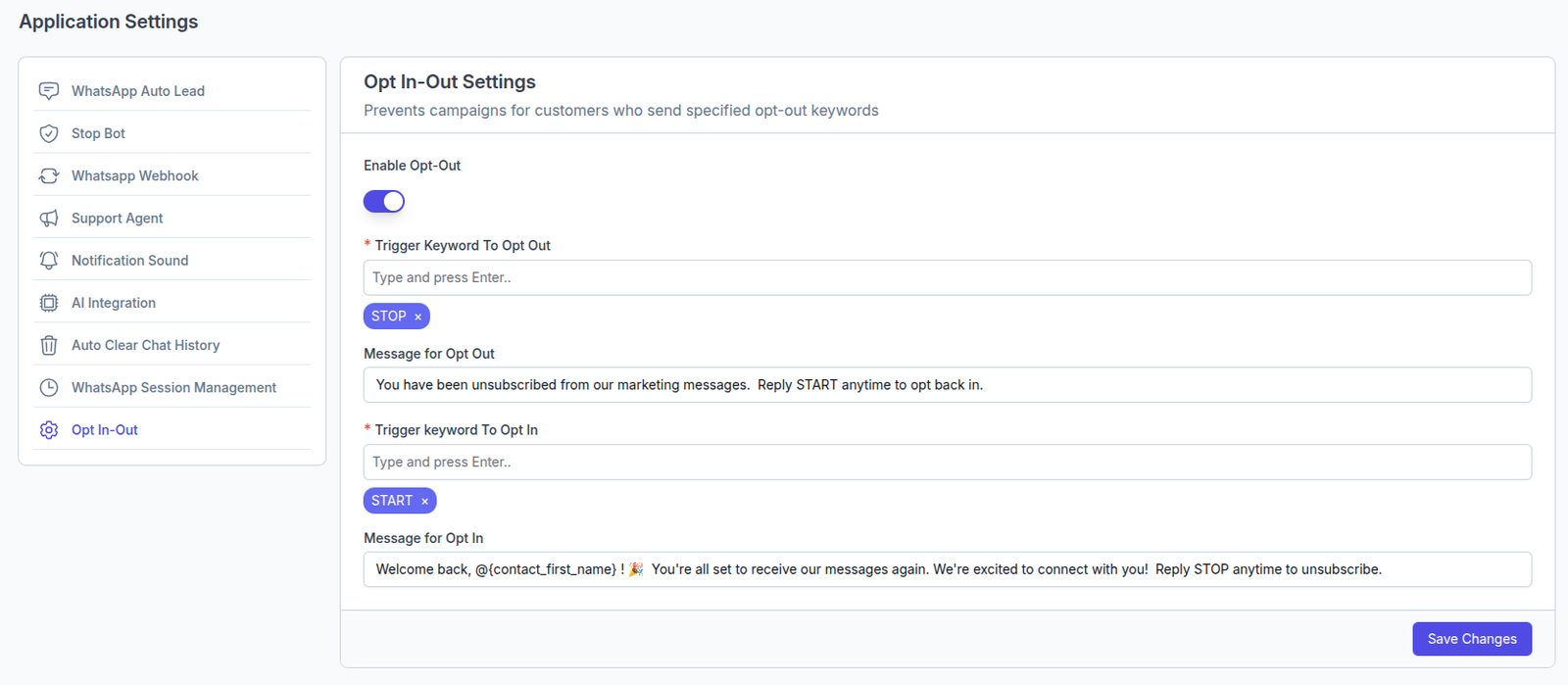 WhatsCloud Opt-Out Settings 