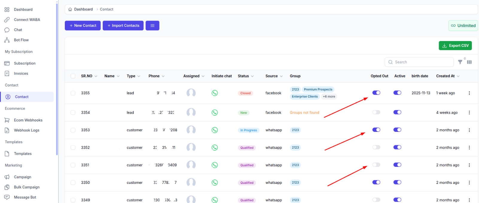 Manual Opt-In/Out Toggle in Contacts Table