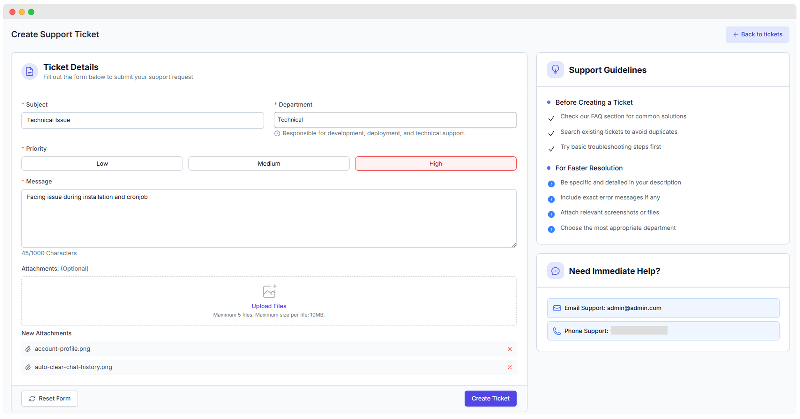 Create Support Ticket