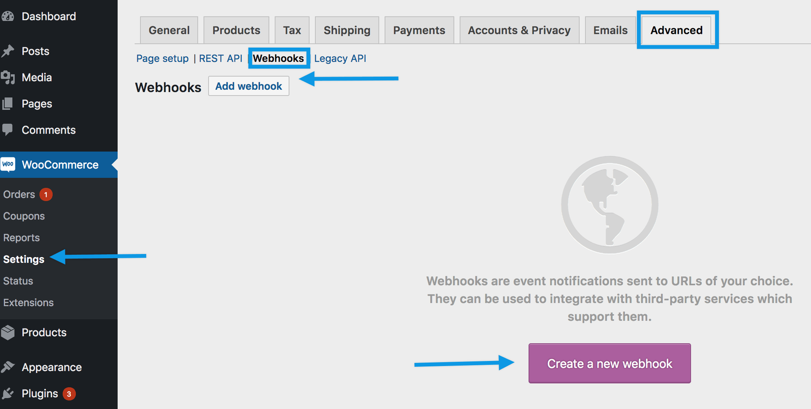 WooCommerce Webhooks Screen showing the list of webhooks