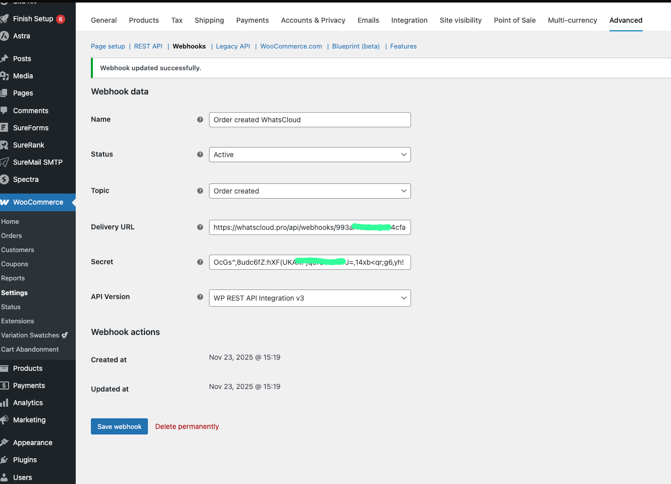 WooCommerce Webhook Creation form fields